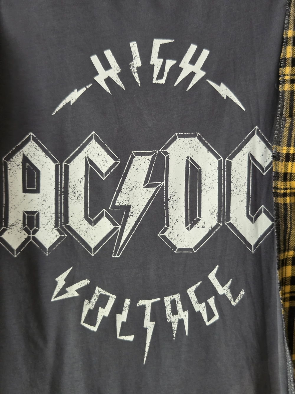Upcycled AC/DC  High Voltage Grey Graphic Tee with Yellow Plaid Sleeves. - Picture 9 of 12
